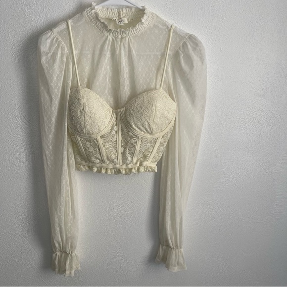 Privy Cream Ruched Bustier Blouse lace long sleeve size small - Picture 1 of 14